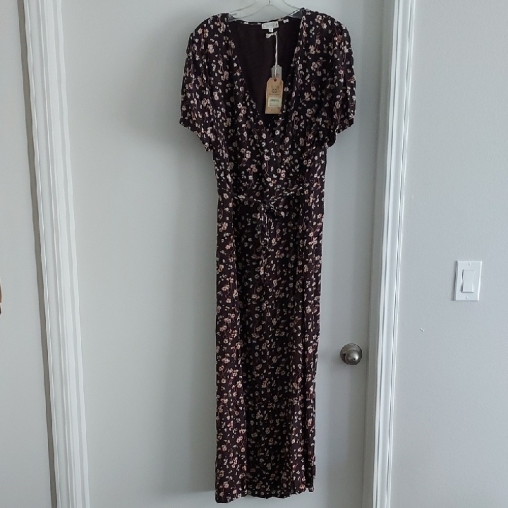 NWT Fat Face Brown and Pink Puff Sleeve Maxi Dress